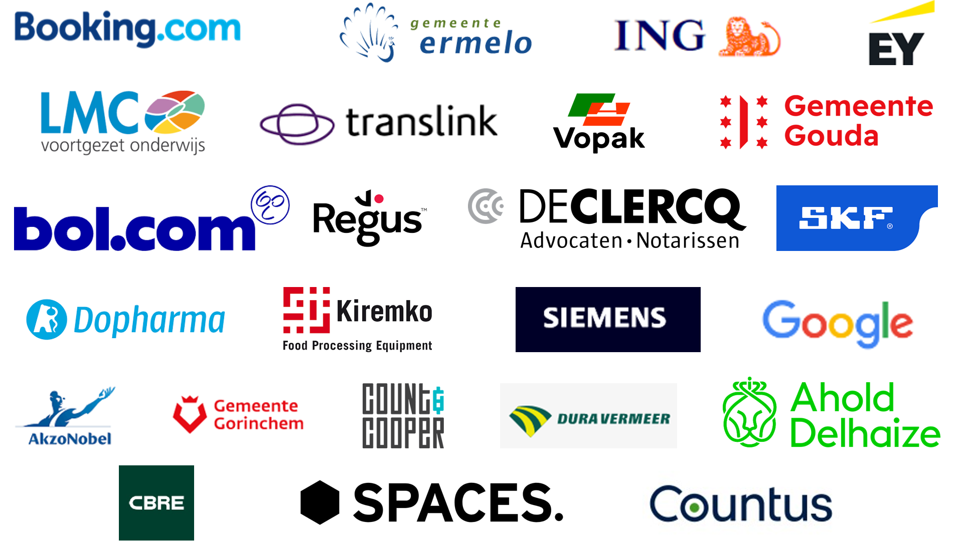 Logo's van opdrachtgevers: Booking.com, gemeente Ermelo, ING, EY, LMC voortgezet onderwijs, Translink, Vopak, Gemeente Gouda, bol.com, Regus, Declercq Advocaten Notarissen, SKF, Dopharma, Kiremko, Siemens, Google, AkzoNobel, Gemeente Gorinchem, Count & Cooper, Dura Vermeer, Ahold Delhaize, CBRE, Spaces en Countus